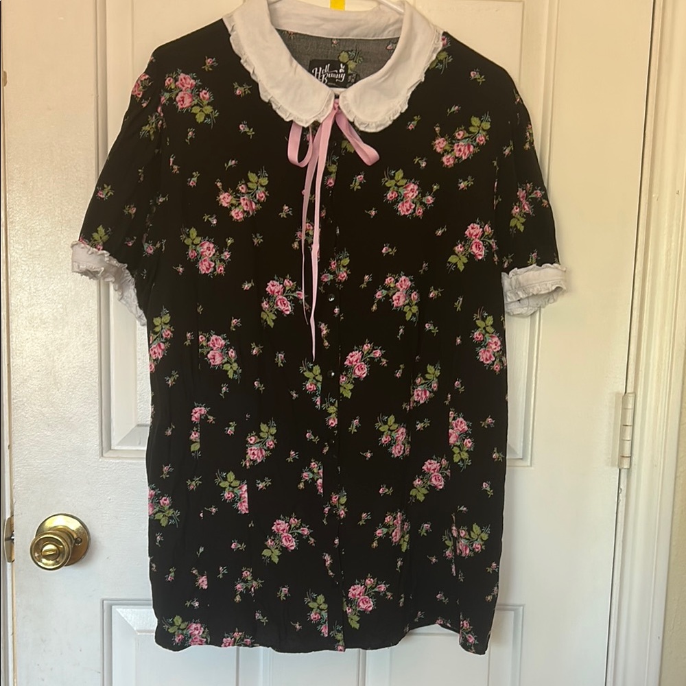 Hell Bunny Black Floral Shirt with White Accents